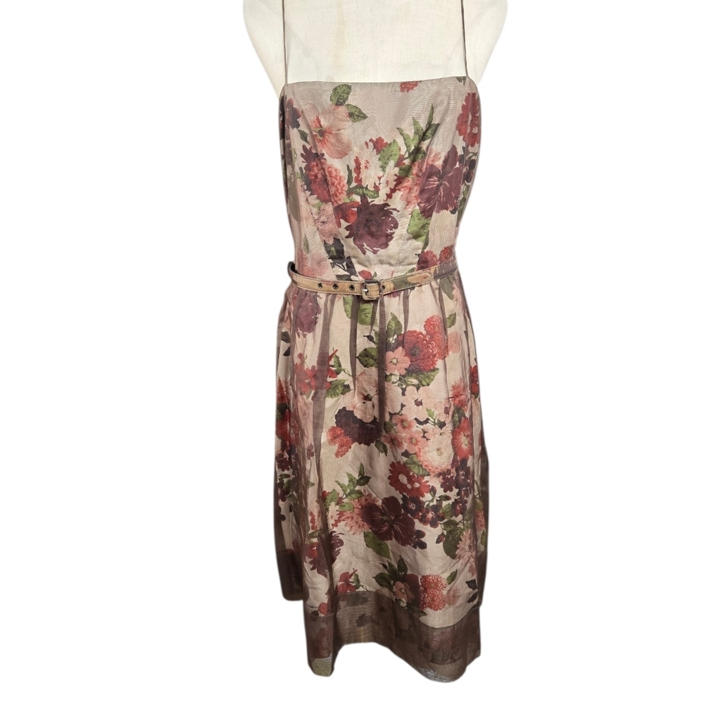 Laundry By Shelli Segal Floral Black Silk  Mesh Overlay Retro Belted  Dress